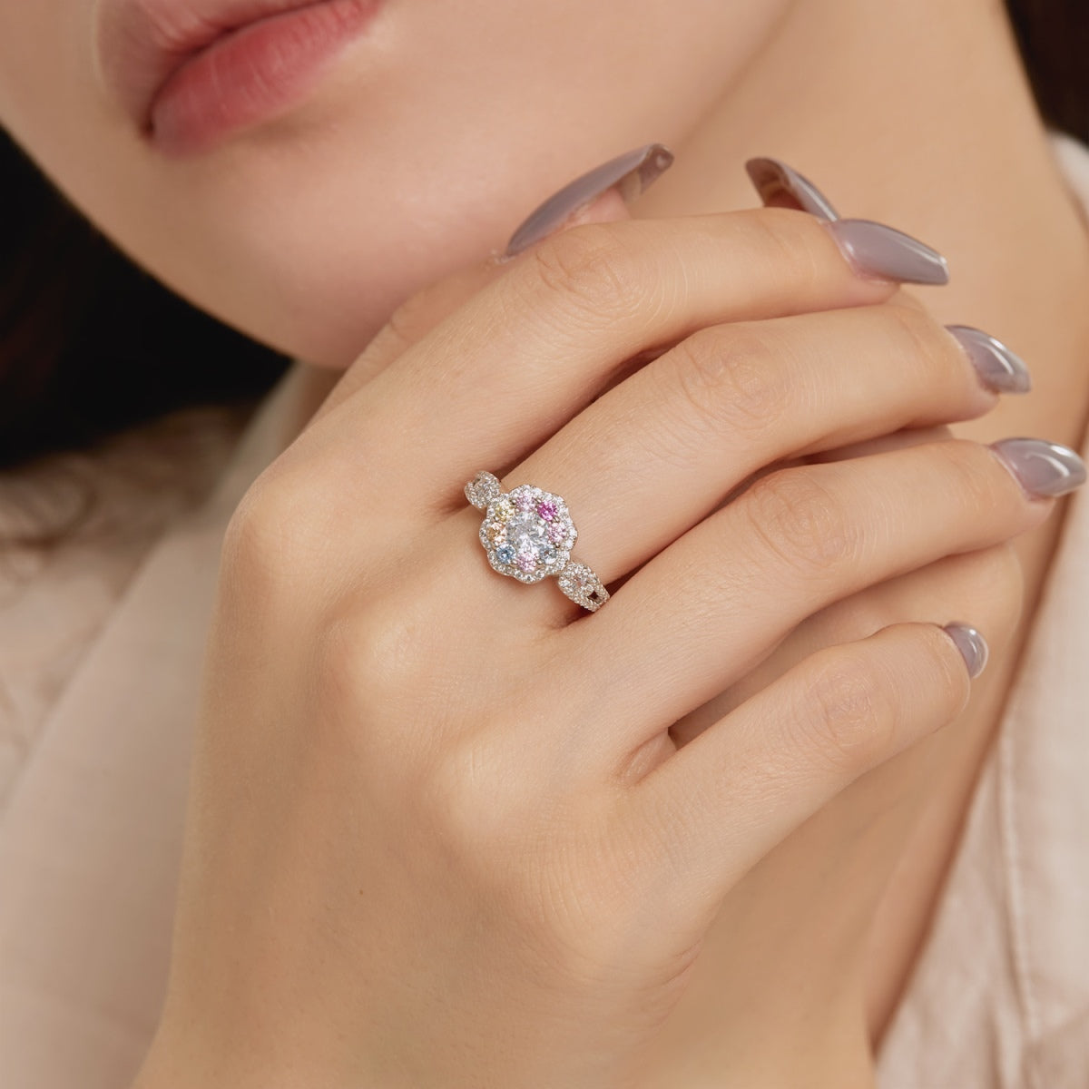 [AuraEcho]Delicate Colorful Round Cut Flower Shape Wedding Ring