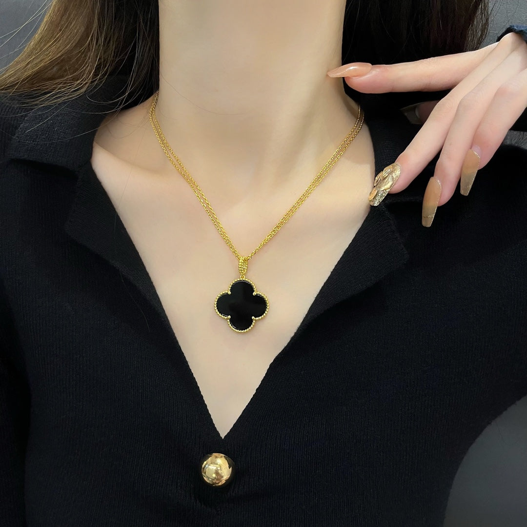 [AuraEcho]CLOVER 25MM NECKLACE GOLD ONYX