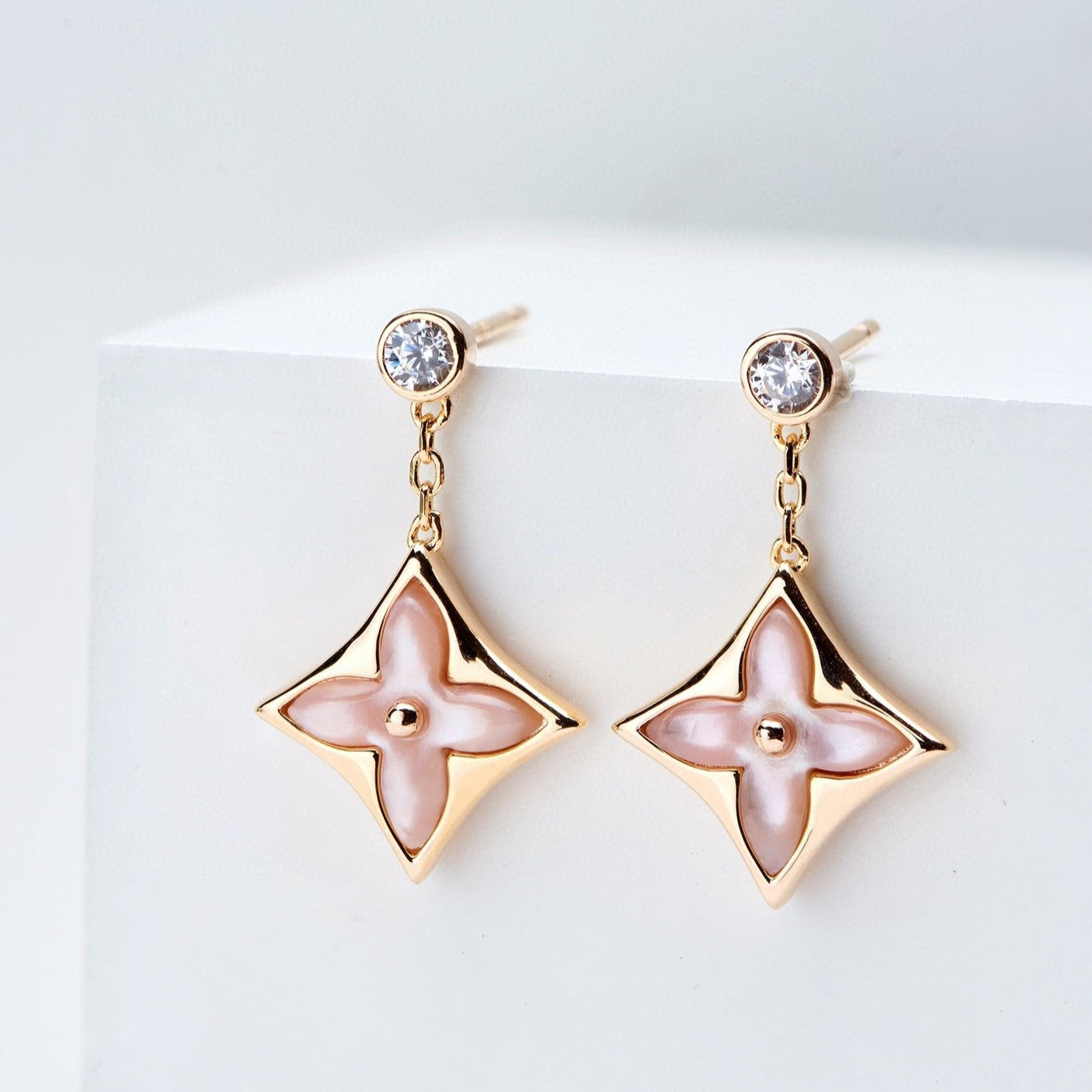 [AuraEcho]DOUBLE STAR PINK GOLD MOP DROP EARRINGS
