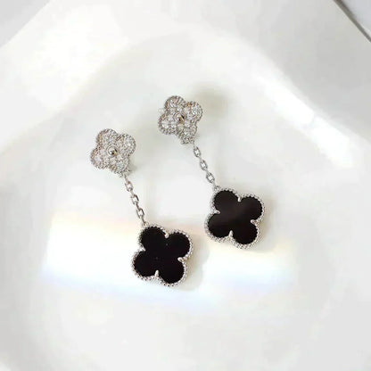 [AuraEcho]CLOVER 2 MOTIFS  DIAMOND ONYX EARRINGS SILVER