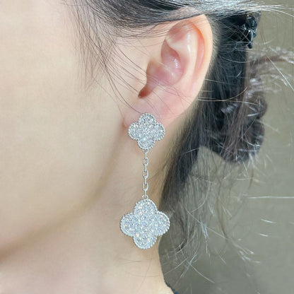 [AuraEcho]CLOVER 2 MOTIFS DIAMOND PAVED SILVER EARRINGS