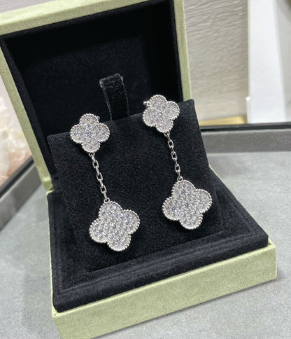[AuraEcho]CLOVER 2 MOTIFS DIAMOND PAVED SILVER EARRINGS
