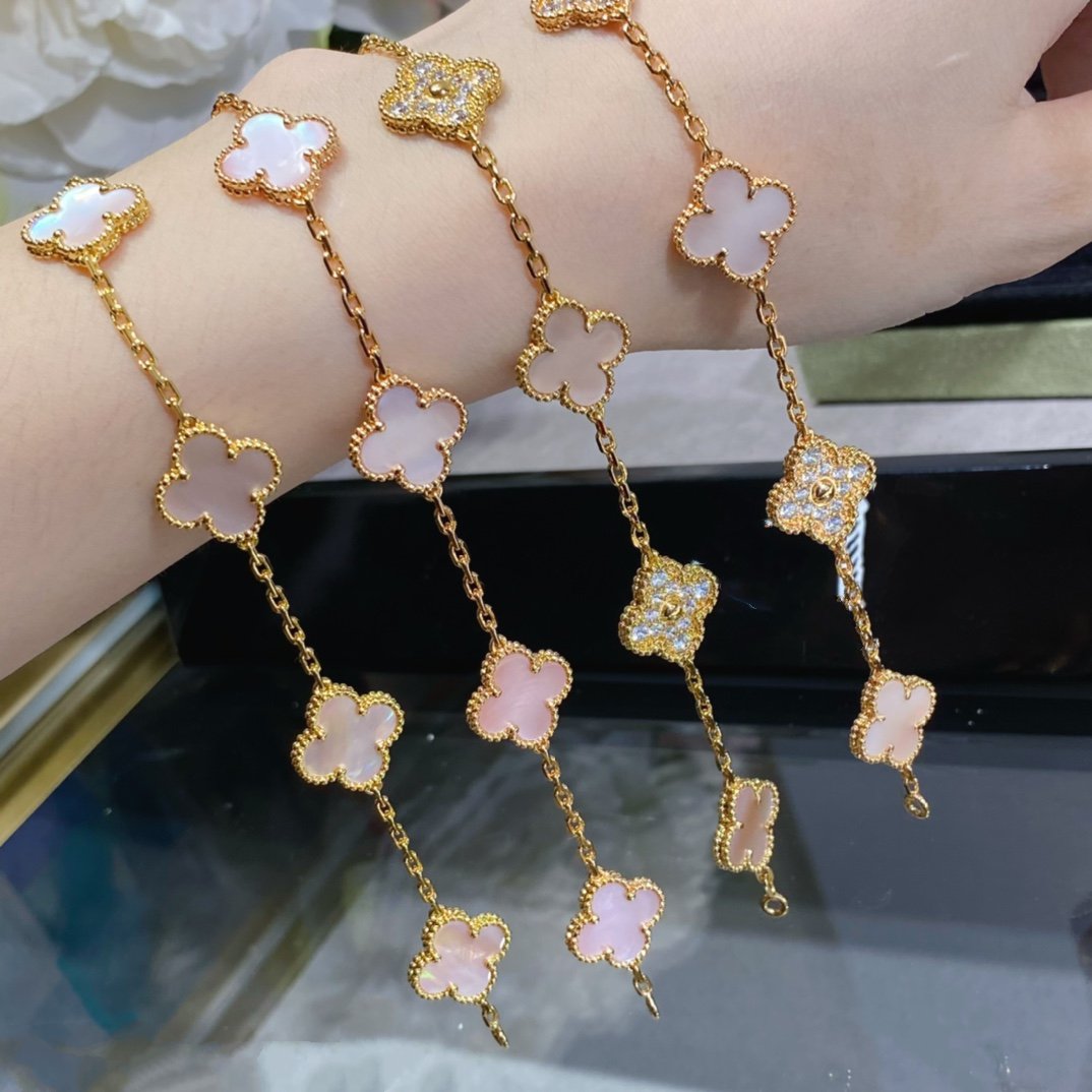 [AuraEcho]CLOVER 5 MOTIF DIAMOND PINK MOP PINK GOLD BRACELET