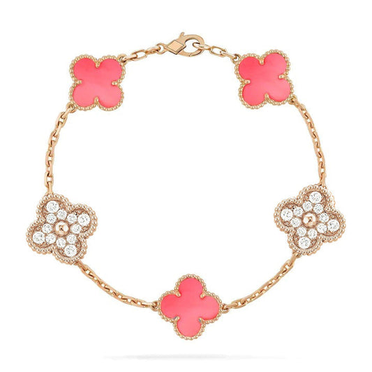 [AuraEcho]CLOVER 5 MOTIF DIAMOND PINK MOP PINK GOLD BRACELET