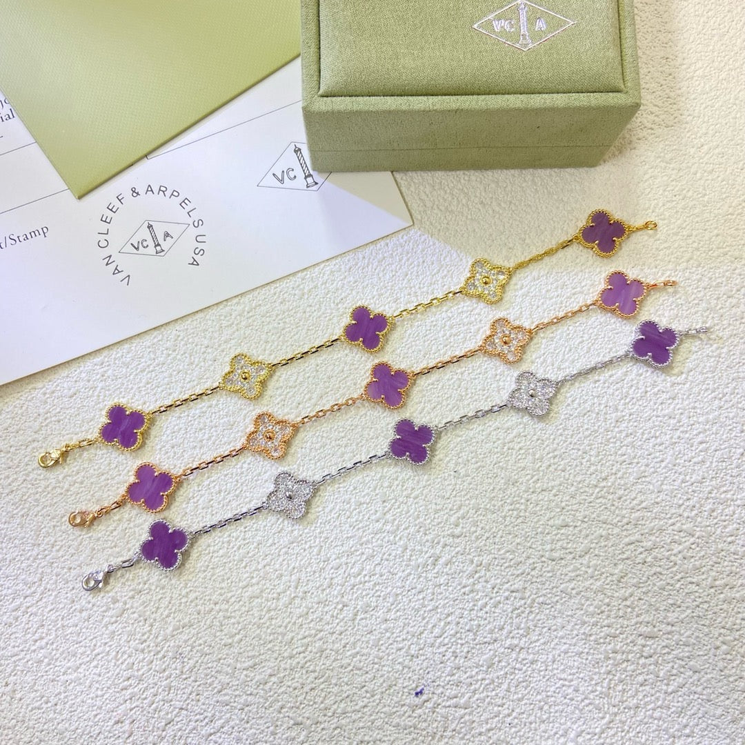 [AuraEcho]CLOVER  5 MOTIFS  PURPLE VIOLET DIAMOND BRACELET